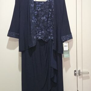 Navy Blue  Dress with Lace Bodice and Cascade Overlay